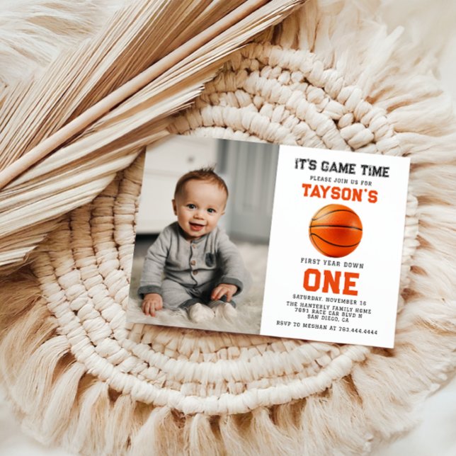 basketball First Year Down 1st Birthday photo Invitation (Creator Uploaded)