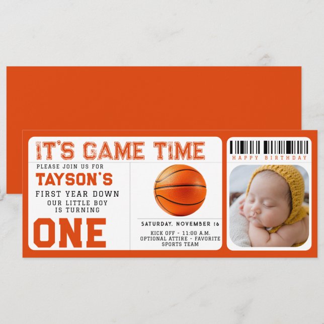 Basketball First Year Down 1st Birthday Ticket  Invitation (Front/Back)