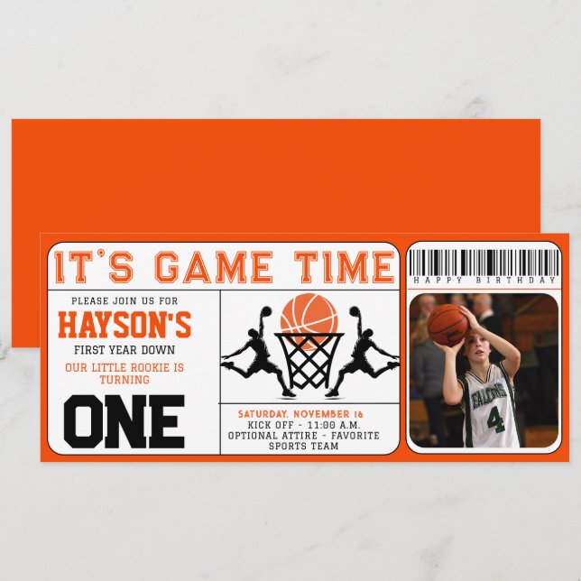 Basketball First Year Down Ticket 1st Birthday  Invitation (Front/Back)