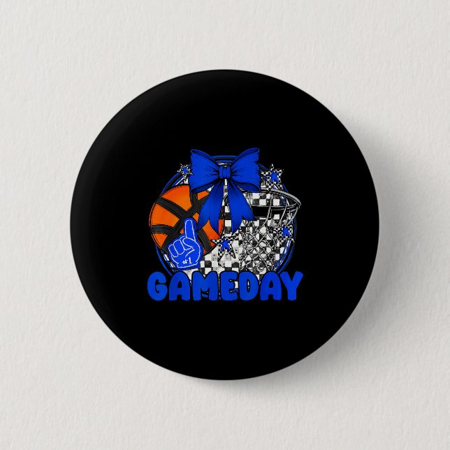 Basketball Game Day Go Cheer Team Blue Coquette Ch 6 Cm Round Badge (Front)