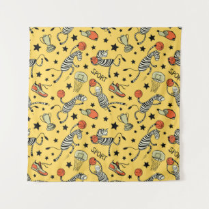 Basketball game seamless pattern with doodle cute tapestry