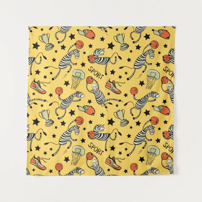 Basketball game seamless pattern with doodle cute  tapestry (Front)