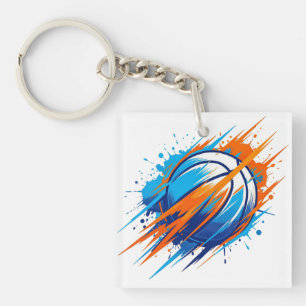 Basketball Gift for Dad Sports Fan Blue Orange Log Key Ring
