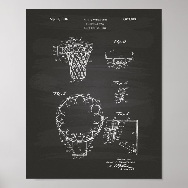 Basketball Goal 1936 Patent Art Chalkboard Poster (Front)