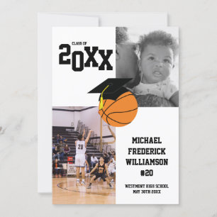 Basketball Graduation Sports Black and White Invitation