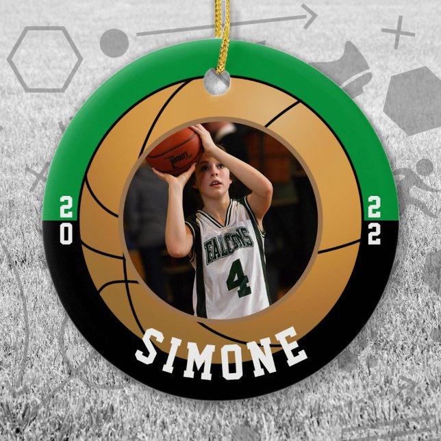 Basketball Green Black Team Colours Ceramic Tree Decoration (Green and Black Baseball Let's Go Team Ornament. Celebrate your high school or college athlete.)