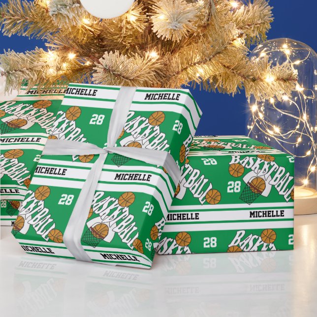 Basketball Green & White Stripes Wrapping Paper (Holidays)
