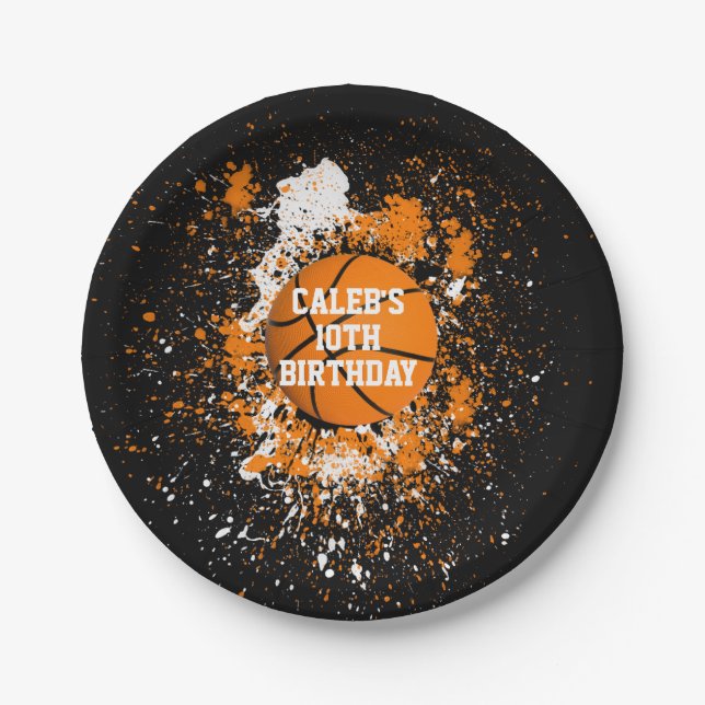 Basketball Grunge Paint Splatter Orange Black Paper Plate (Front)