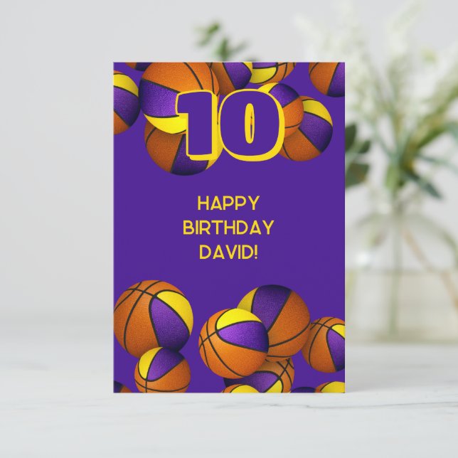basketball happy birthday purple gold team colours card (Standing Front)