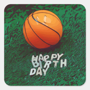 Basketball Happy Birthday with basketball on green Square Sticker