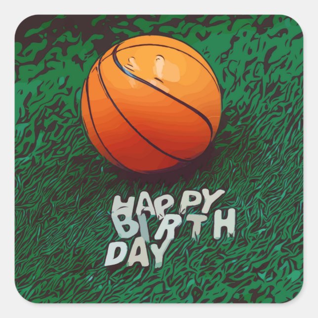Basketball Happy Birthday with basketball on green Square Sticker (Front)