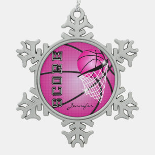 Basketball   Hot Pink   Personalise Snowflake Pewter Christmas Ornament