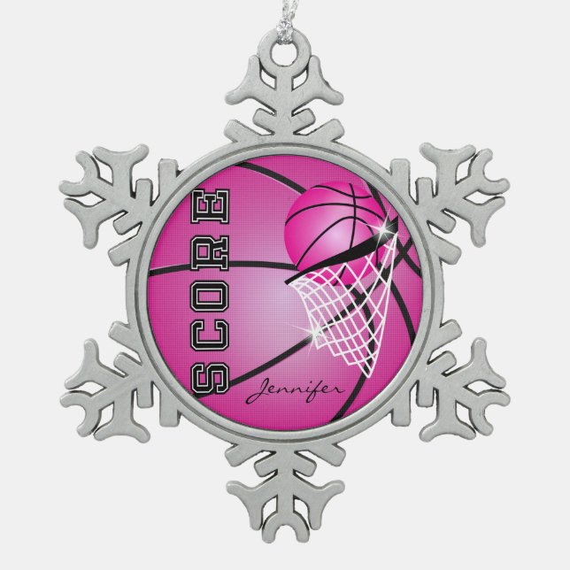 Basketball | Hot Pink | Personalise Snowflake Pewter Christmas Ornament (Front)