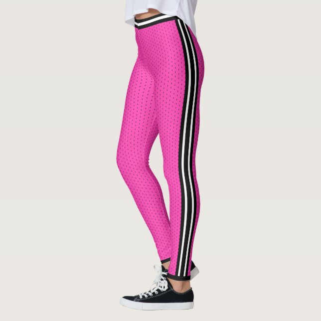 Basketball Hot Pink White Striped Varsity Sports Leggings (Left)