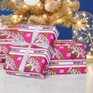 Basketball Hot Pink & White Stripes Wrapping Paper