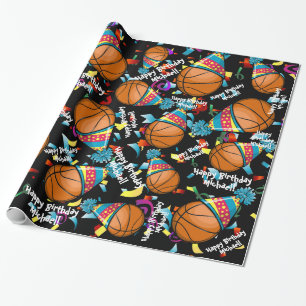 Basketball In a Party Hat   Customised Birthday Wrapping Paper