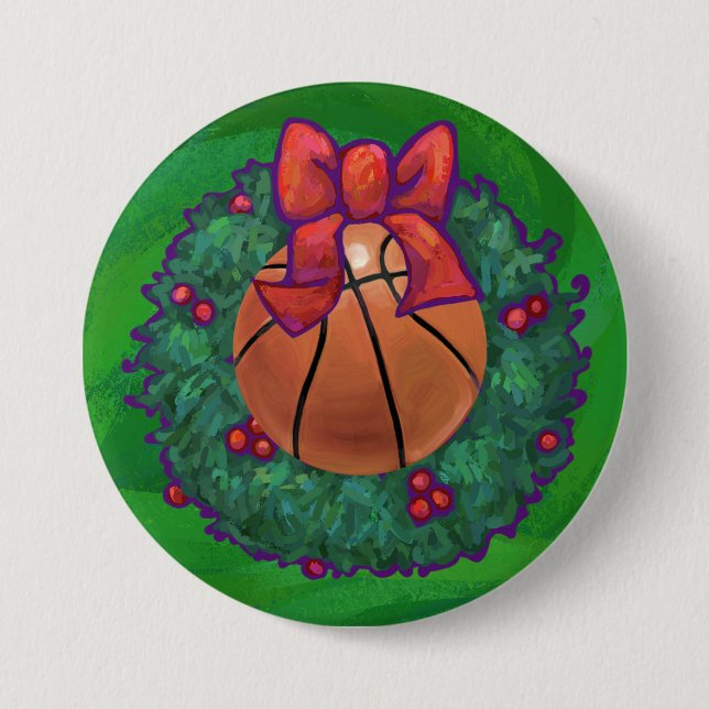 Basketball in Christmas Wreath 7.5 Cm Round Badge (Front)
