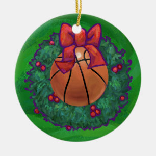 Basketball in Christmas Wreath Ceramic Tree Decoration