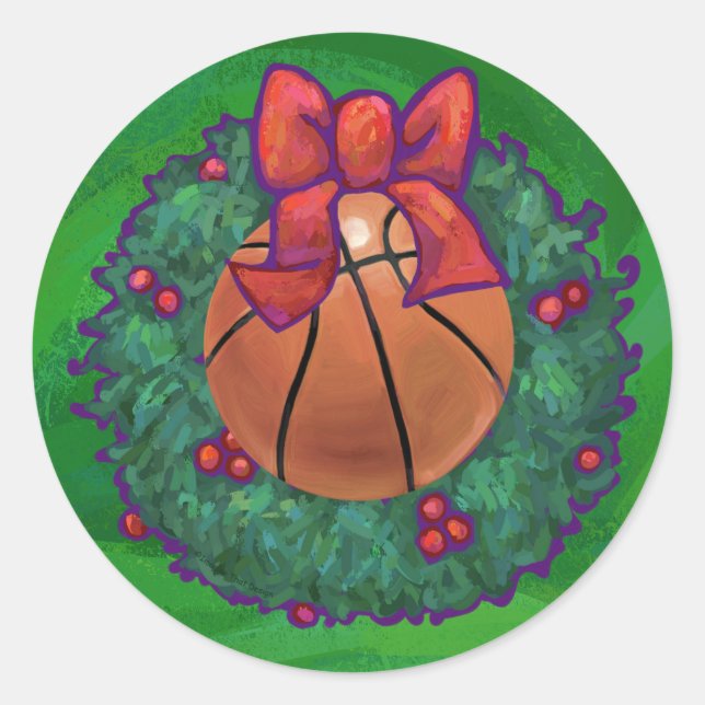 Basketball in Christmas Wreath Classic Round Sticker (Front)