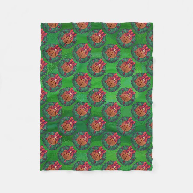 Basketball in Christmas Wreath Fleece Blanket (Front)