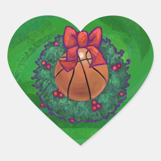 Basketball in Christmas Wreath Heart Sticker (Front)
