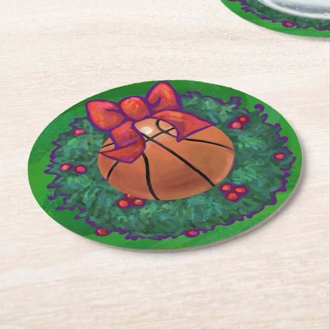 Basketball in Christmas Wreath Round Paper Coaster (Angled)