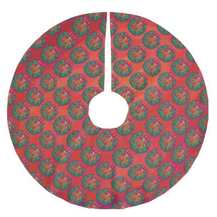 Basketball in Holly Wreath Pattern on Red Brushed Polyester Tree Skirt