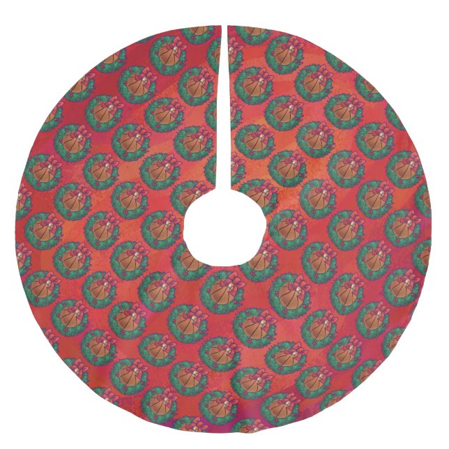Basketball in Holly Wreath Pattern on Red Brushed Polyester Tree Skirt (Front)