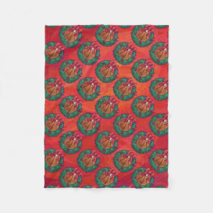 Basketball in Holly Wreath Pattern on Red Fleece Blanket