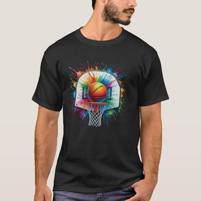 Basketball Ink Art Colourful Net Slam Dunking Ball T-Shirt (Front)