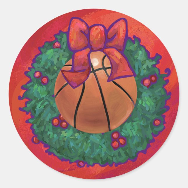 Basketball Inside Christmas Wreath Classic Round Sticker (Front)