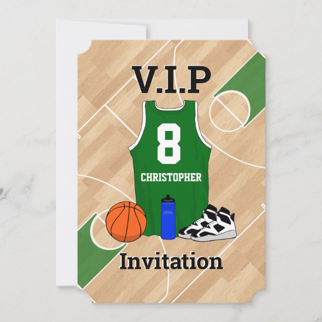 Basketball Jersey on court Birthday party green Invitation (Front)