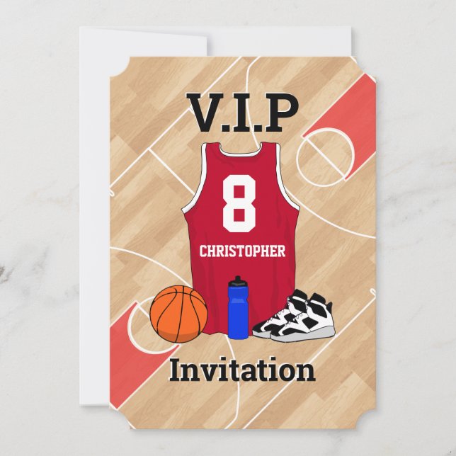 Basketball Jersey on court Birthday party red Invitation (Front)