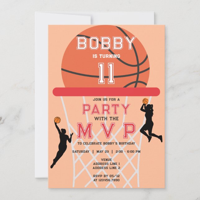 Basketball Jumpman Peach Fuzz Woman Girl Birthday Invitation (Front)