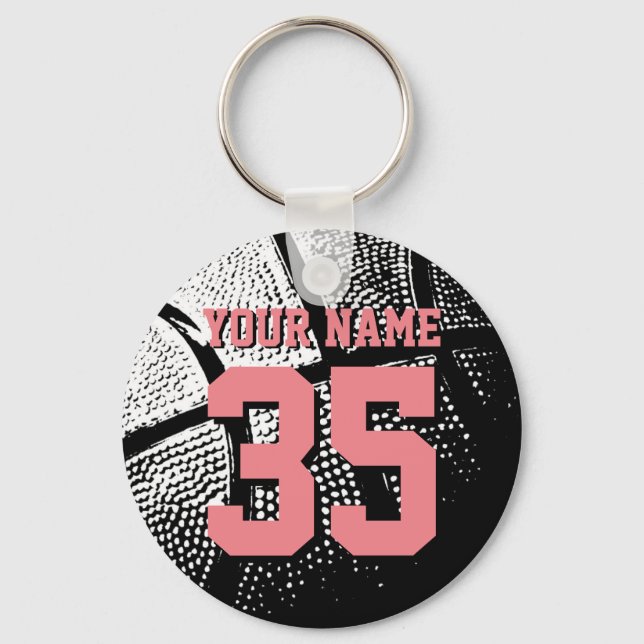 Basketball key chain with coral pink jersey number (Front)