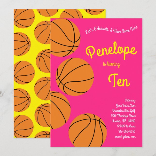 Basketball Kids Birthday Party Sports Pink Girls Invitation (Front/Back)