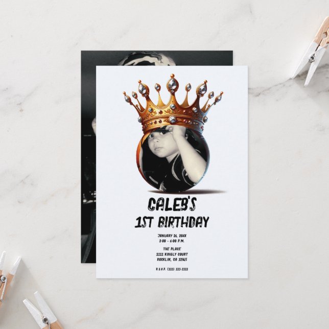Basketball King Gold Crown 1st Birthday Photo Invitation (Front/Back In Situ)