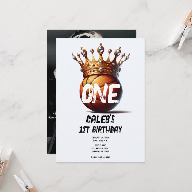 Basketball King Gold Crown Photo 1st Birthday  Invitation (Front/Back In Situ)