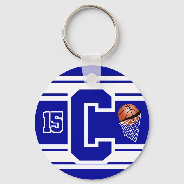 Basketball Letter and Number - Dark Blue and White Key Ring (Front)