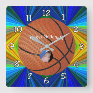 Basketball Many-color Bkgrd Photo Personalize Square Wall Clock