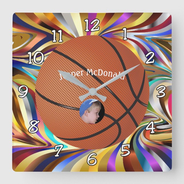 Basketball Many-colour Bkgrd Photo Personalise Square Wall Clock (Front)