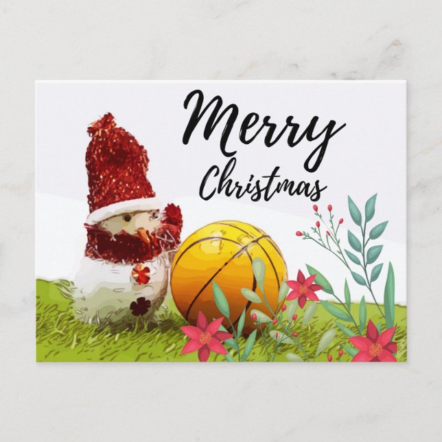 Basketball Merry Christmas with Snowman on green  Postcard (Front)