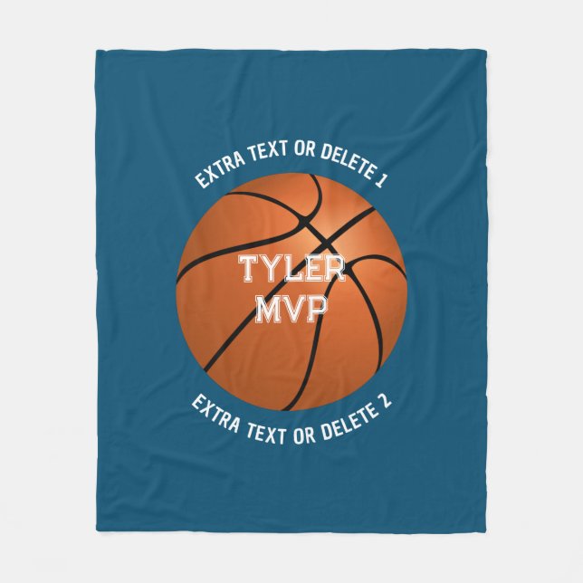 Basketball, Name, MVP/Number, 2 Text Lines Dk Blue Fleece Blanket (Front)