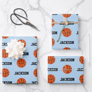 Basketball Name Pattern Kids Blue Wrapping Paper Sheet