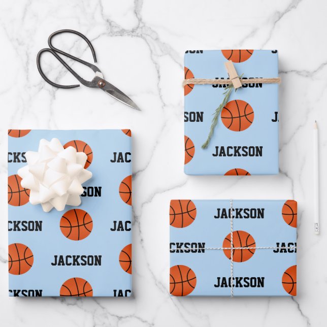 Basketball Name Pattern Kids Blue Wrapping Paper Sheet (Front)