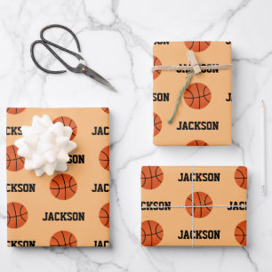 Basketball Name Pattern Kids Orange Wrapping Paper Sheet
