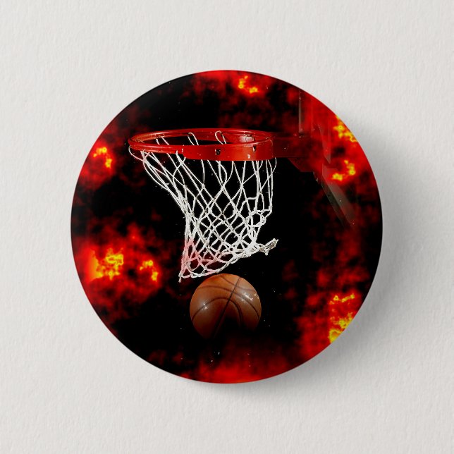 Basketball Net, Ball & Flames 6 Cm Round Badge (Front)