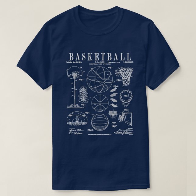 Basketball Old Vintage Patent Drawing Print T-Shirt (Design Front)