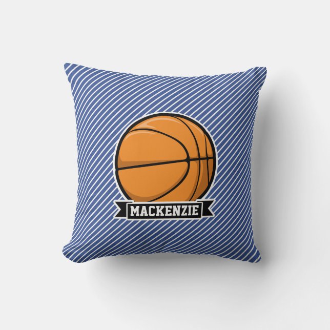 Basketball on Blue & White Stripes Cushion (Front)