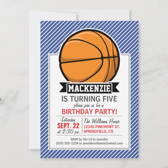 Basketball on Blue & White Stripes Invitation (Front)
